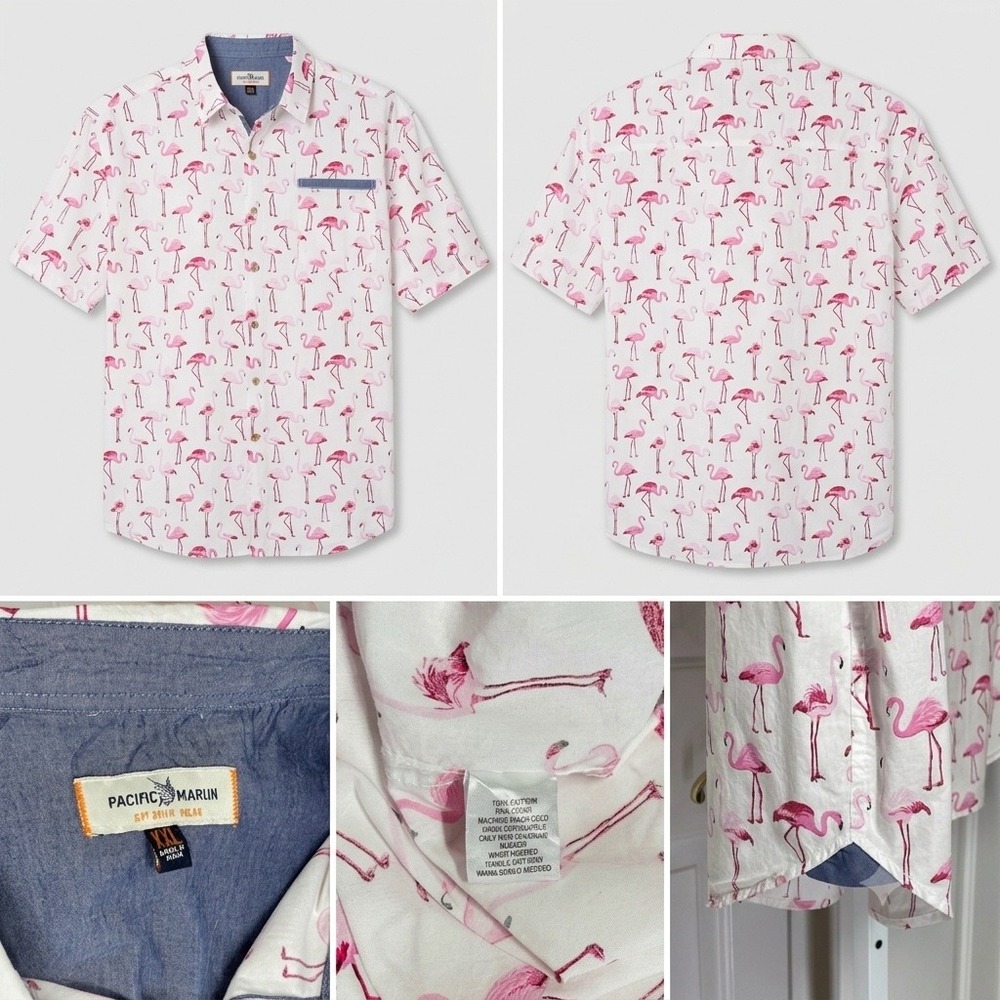 Pacific Marlin Men XXL White Pink Flamingo Print Cotton Short Sleeve Button Down